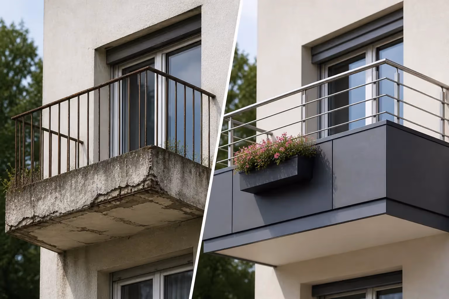Vergleich eines alten, beschädigten Balkons mit rostigem Geländer und eines modern sanierten Balkons mit sauberem Edelstahlgeländer und Bepflanzung.