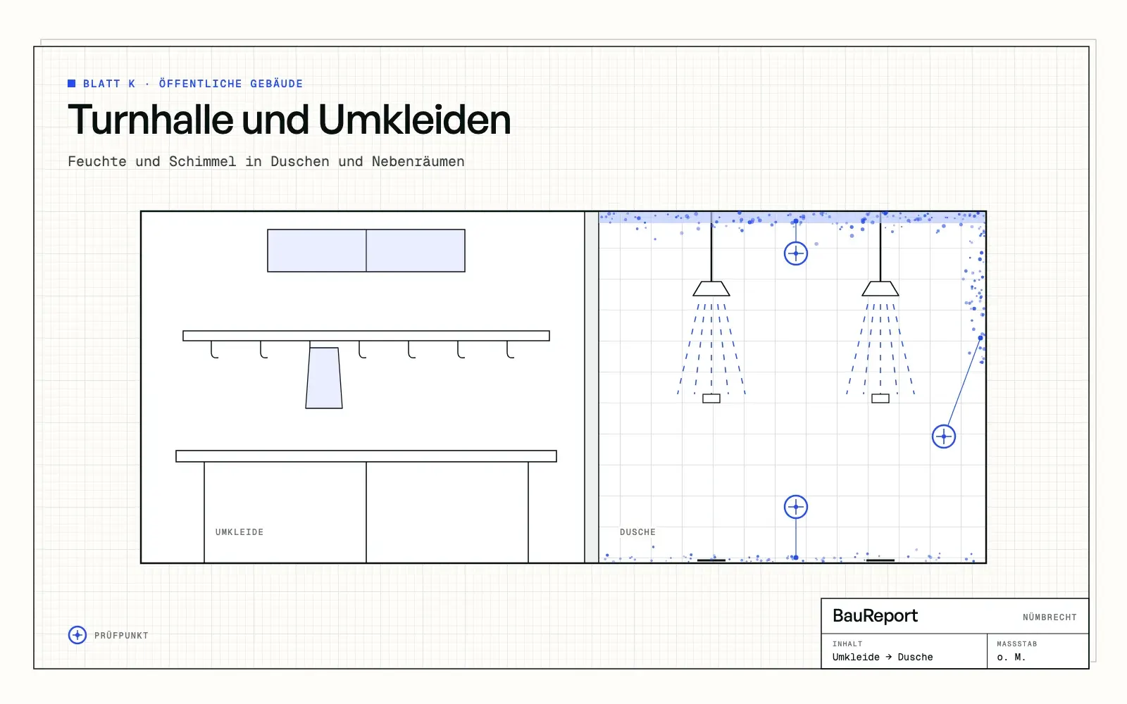 Befundskizze: Turnhalle und Umkleiden: Woher Feuchte und Schimmel in Duschen kommen