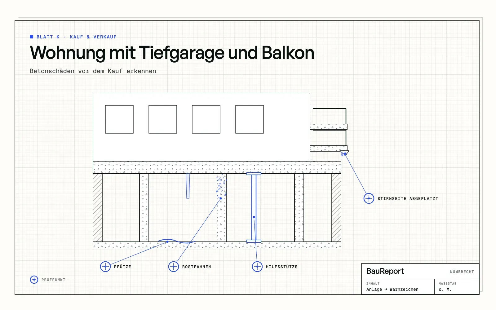 Befundskizze: Eigentumswohnung mit Tiefgarage und Balkon: Betonschäden vor dem Kauf