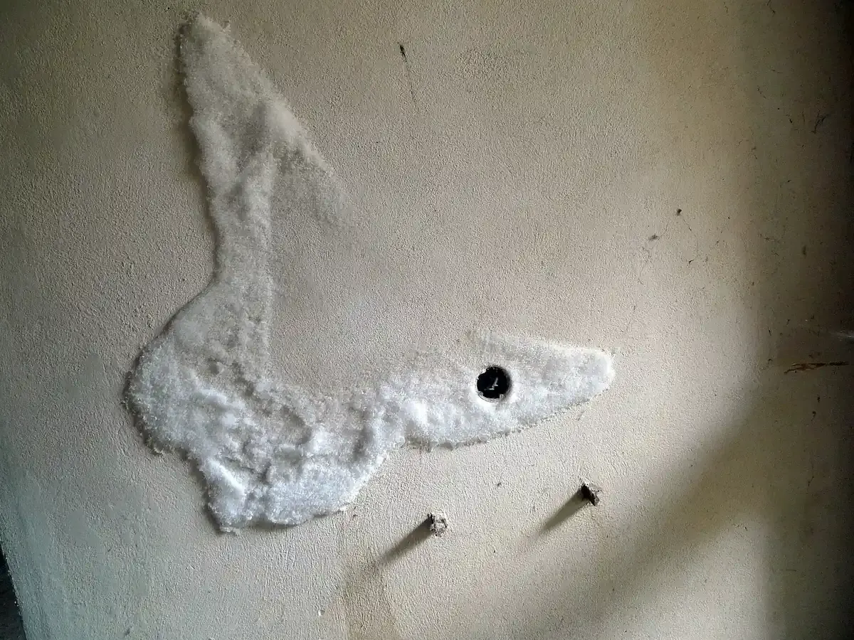 Typisches Schadensbild: Salzausblühungen an einer feuchten Wand