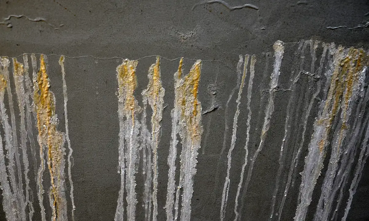 Typisches Schadensbild: Kalkablagerungen, wo Wasser durch Beton tritt